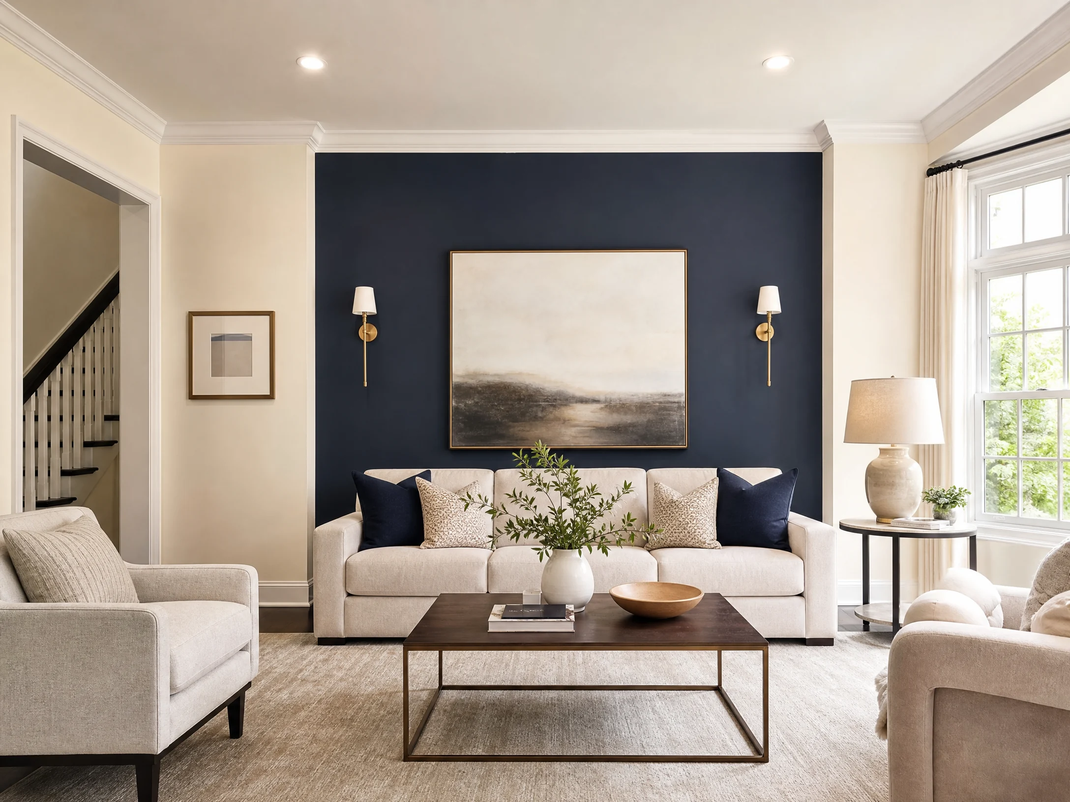 Modern living room with professionally painted navy feature wall