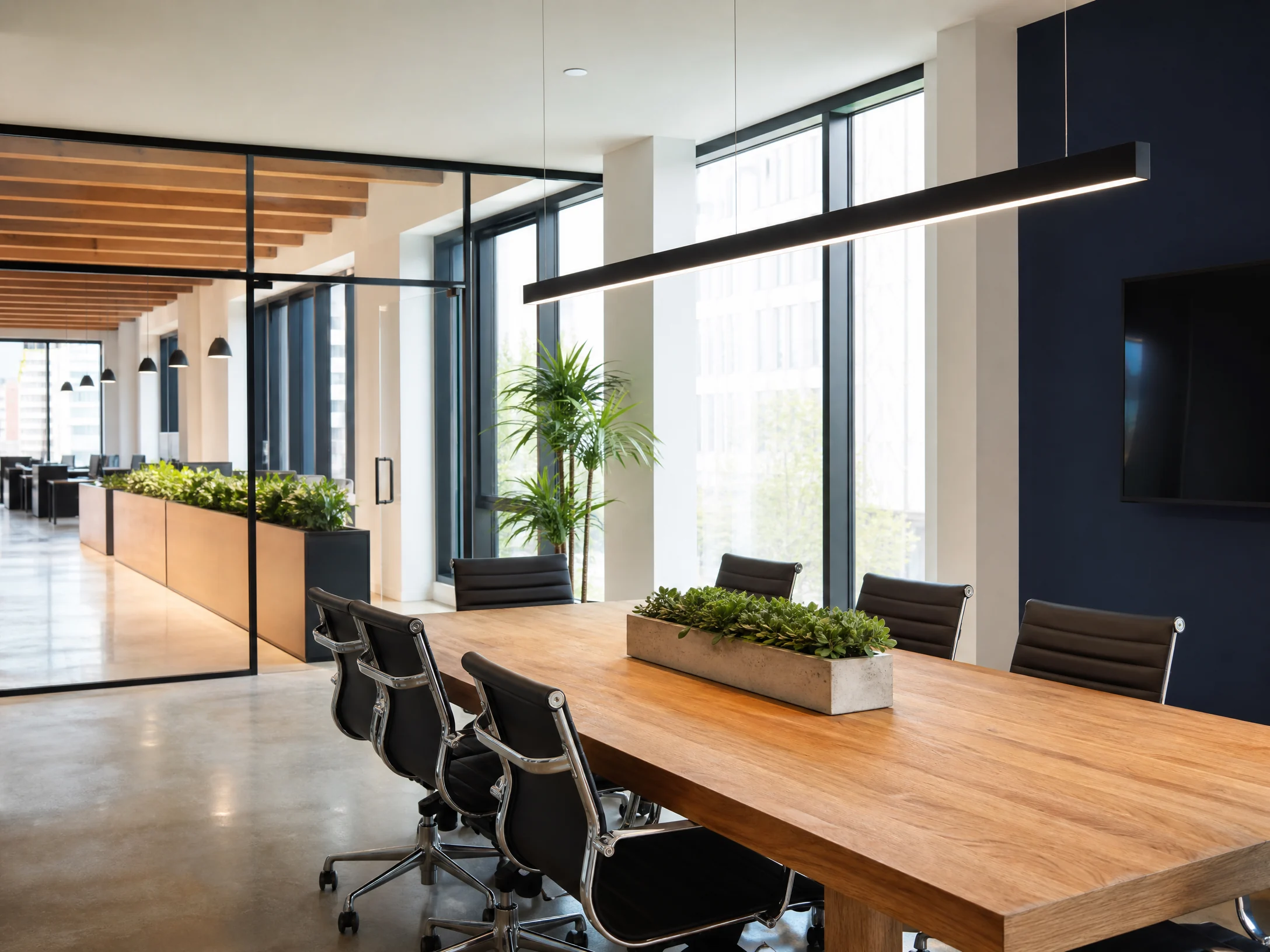 Professional office space with a deep navy feature wall