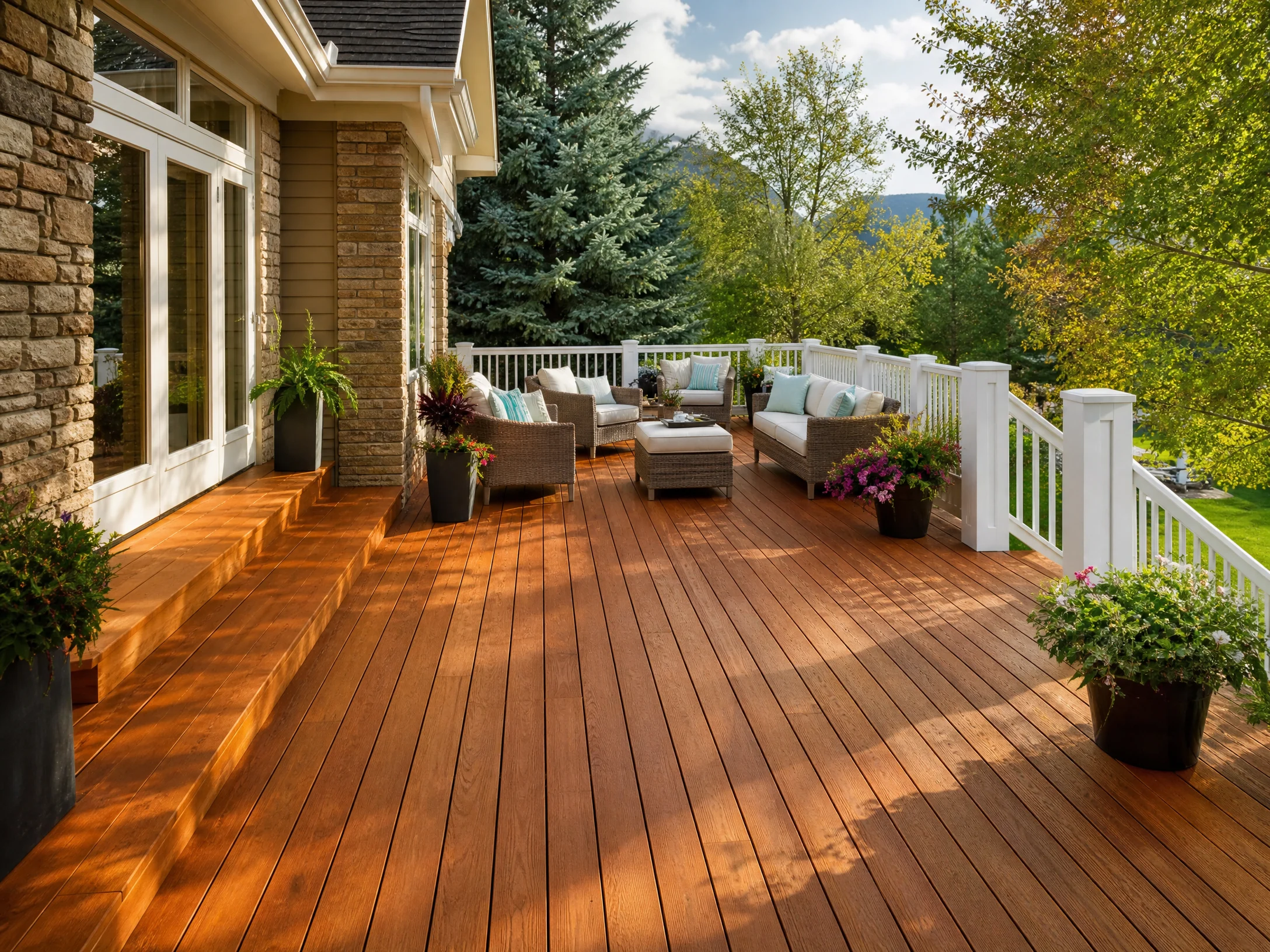 Freshly stained wooden deck in a landscaped backyard